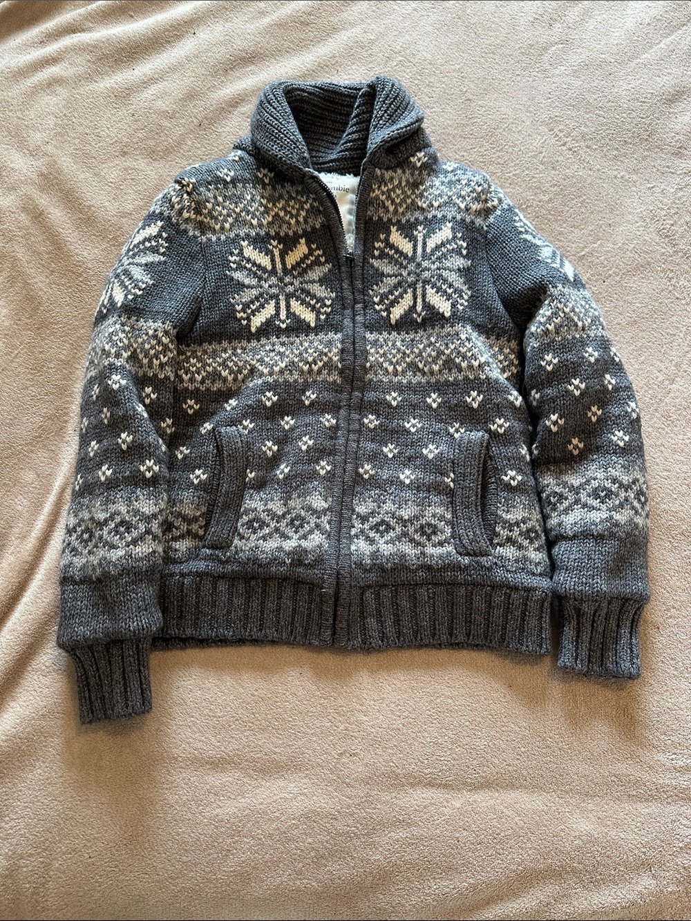 Abercrombie & Fitch Gray Zip-Up Knit Jacket with Sherpa Lining